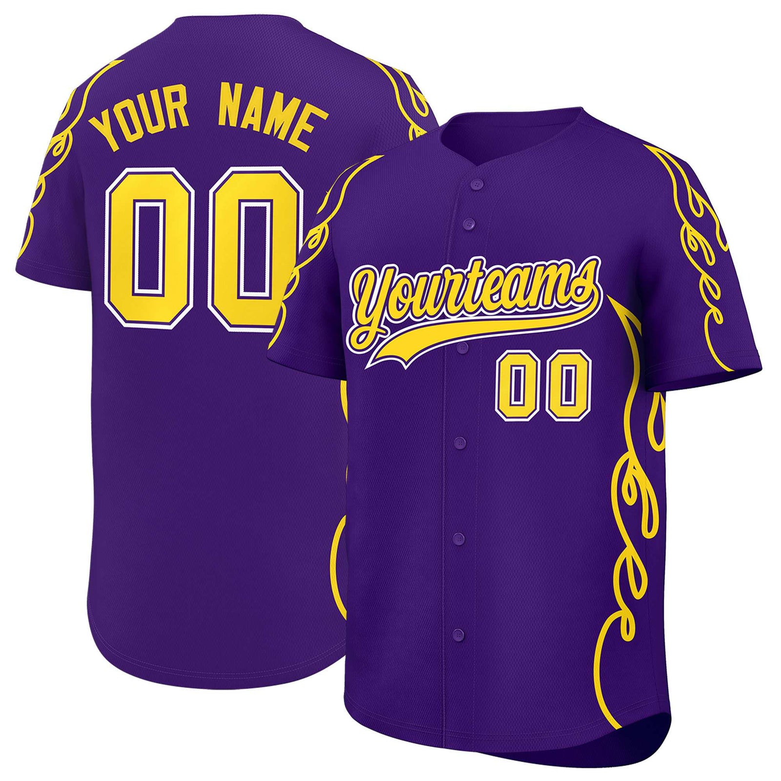 Custom Purple Gold Side Flame Outline Pattern Sports Uniform Basetball Jersey