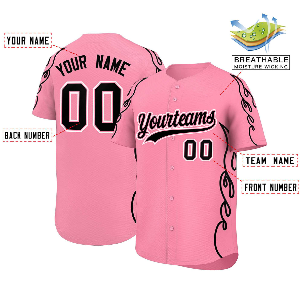 Custom Light Pink Black Side Flame Outline Pattern Sports Uniform Basetball Jersey