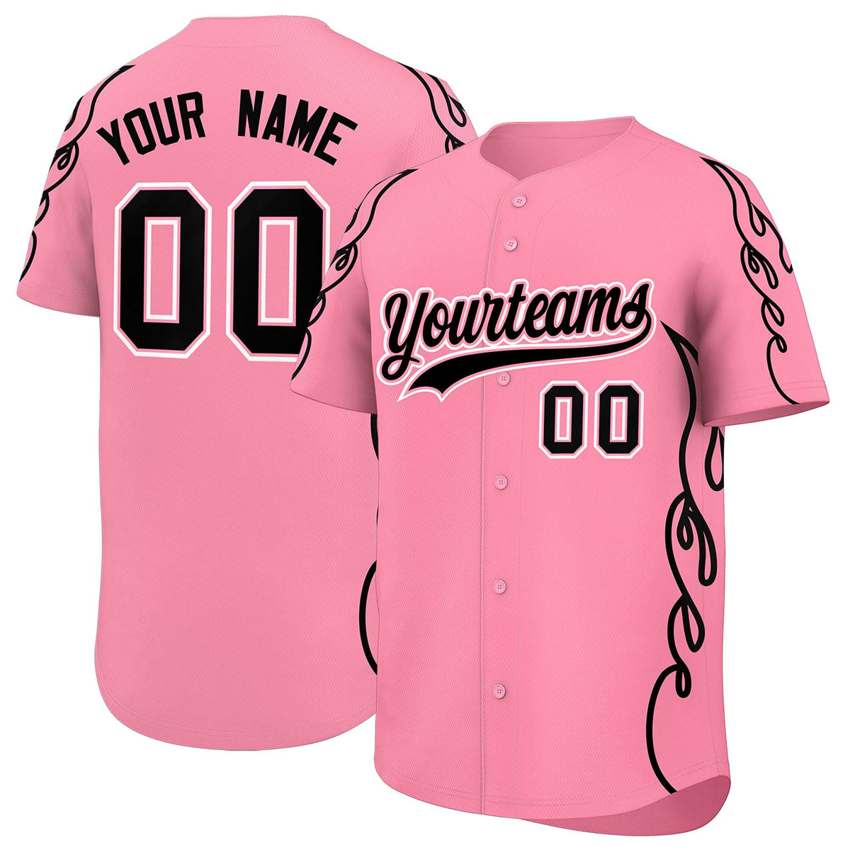 Custom Light Pink Black Side Flame Outline Pattern Sports Uniform Basetball Jersey
