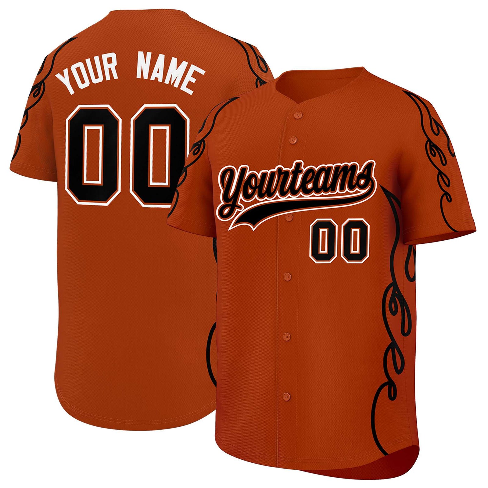 Custom Texas Orange Black Side Flame Outline Pattern Sports Uniform Basetball Jersey