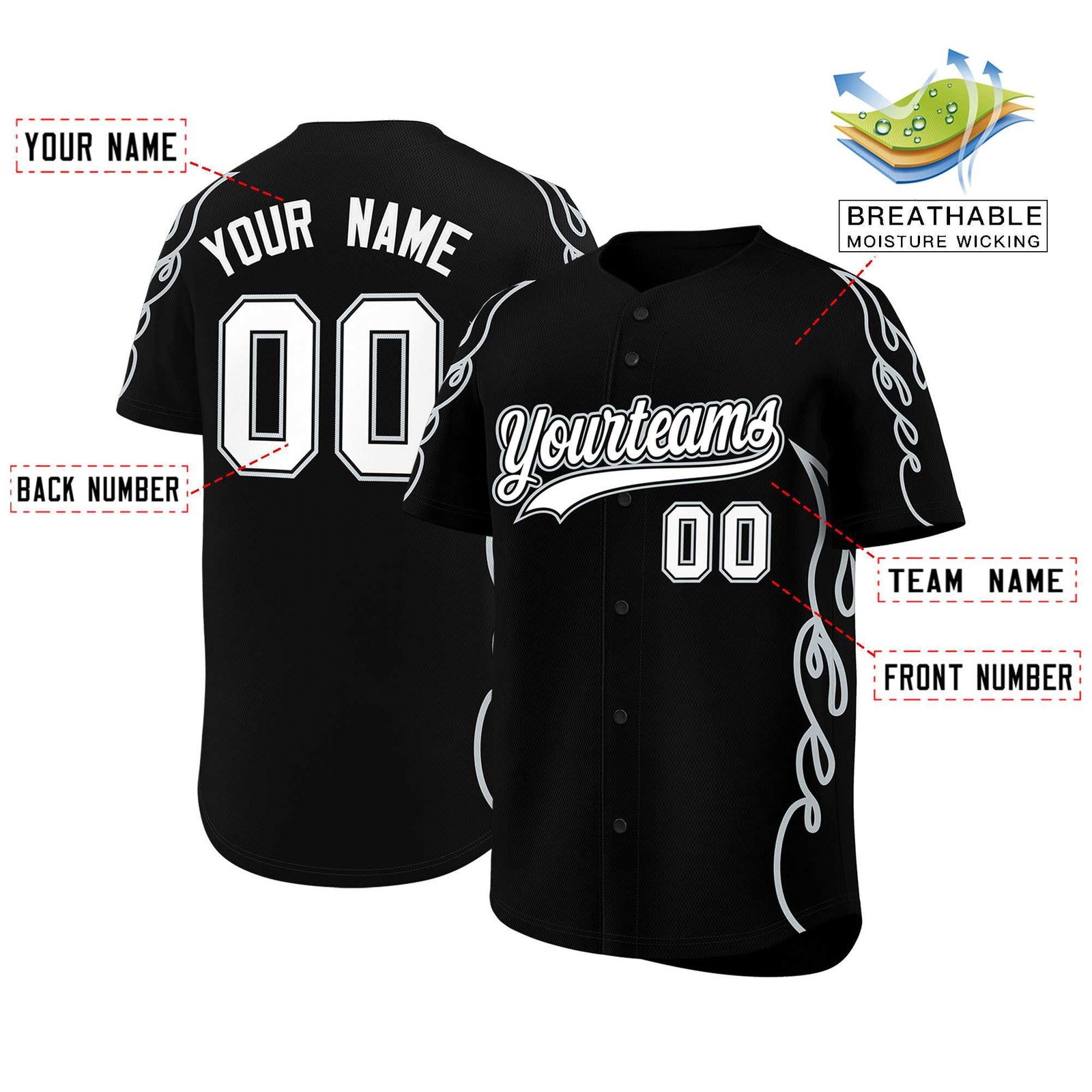 Custom Black Silver Side Flame Outline Pattern Sports Uniform Basetball Jersey