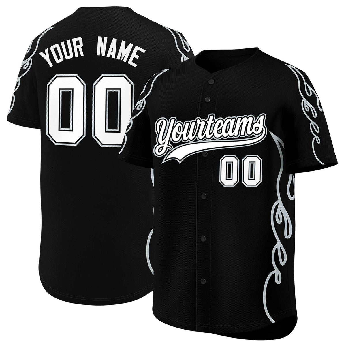 Custom Black Silver Side Flame Outline Pattern Sports Uniform Basetball Jersey