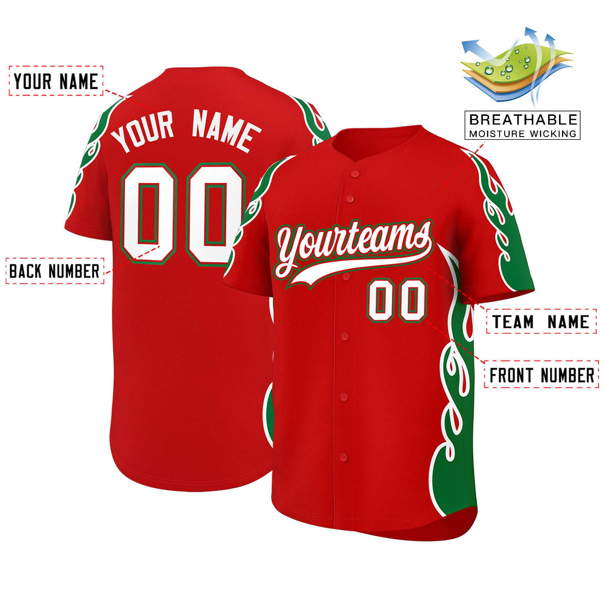 Custom Red Kelly Green Side Flame Outline Pattern Sports Uniform Basetball Jersey