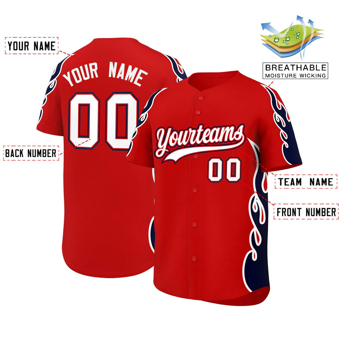 Custom Red Navy Side Flame Outline Pattern Sports Uniform Basetball Jersey