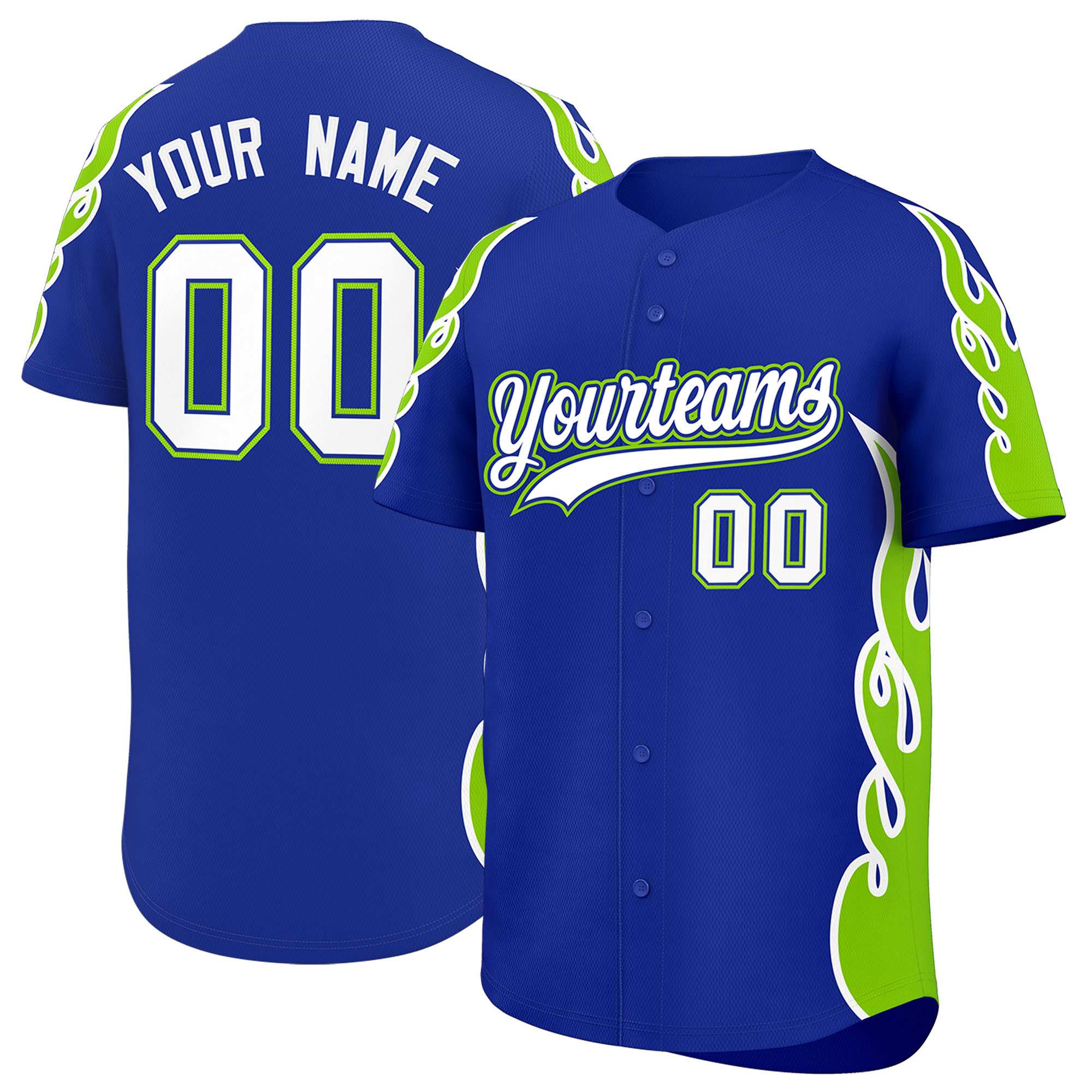 Custom Royal Neon Green Side Flame Outline Pattern Sports Uniform Basetball Jersey