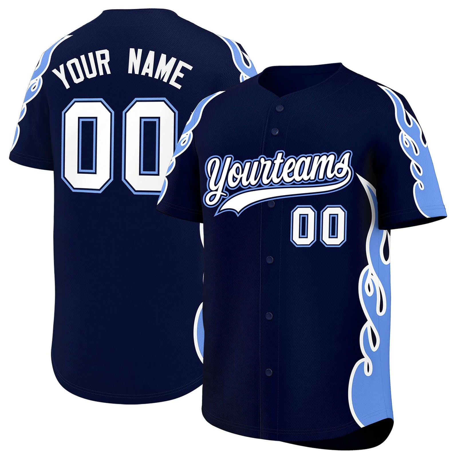 Custom Navy Light Blue Side Flame Outline Pattern Sports Uniform Basetball Jersey