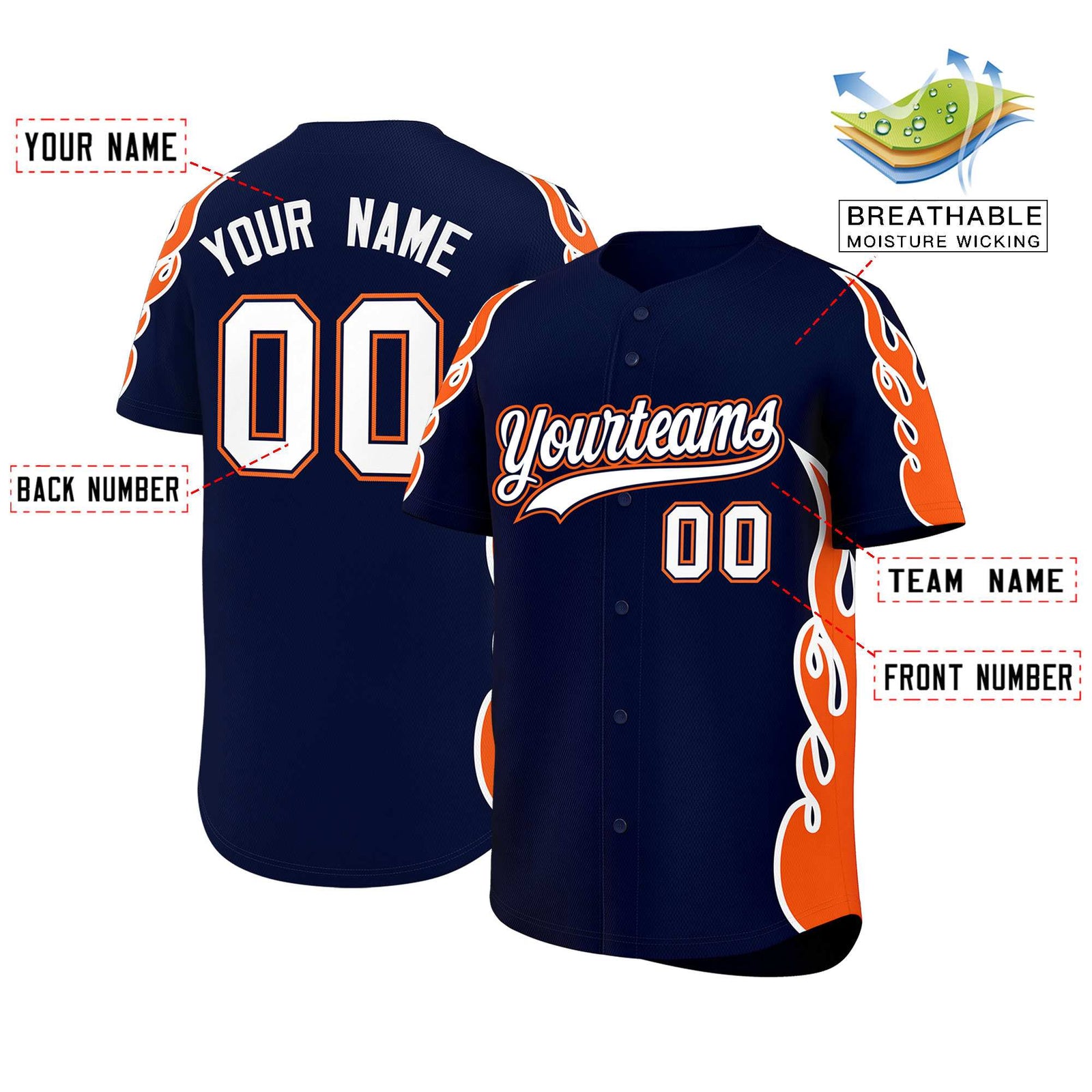 Custom Navy Orange Side Flame Outline Pattern Sports Uniform Basetball Jersey