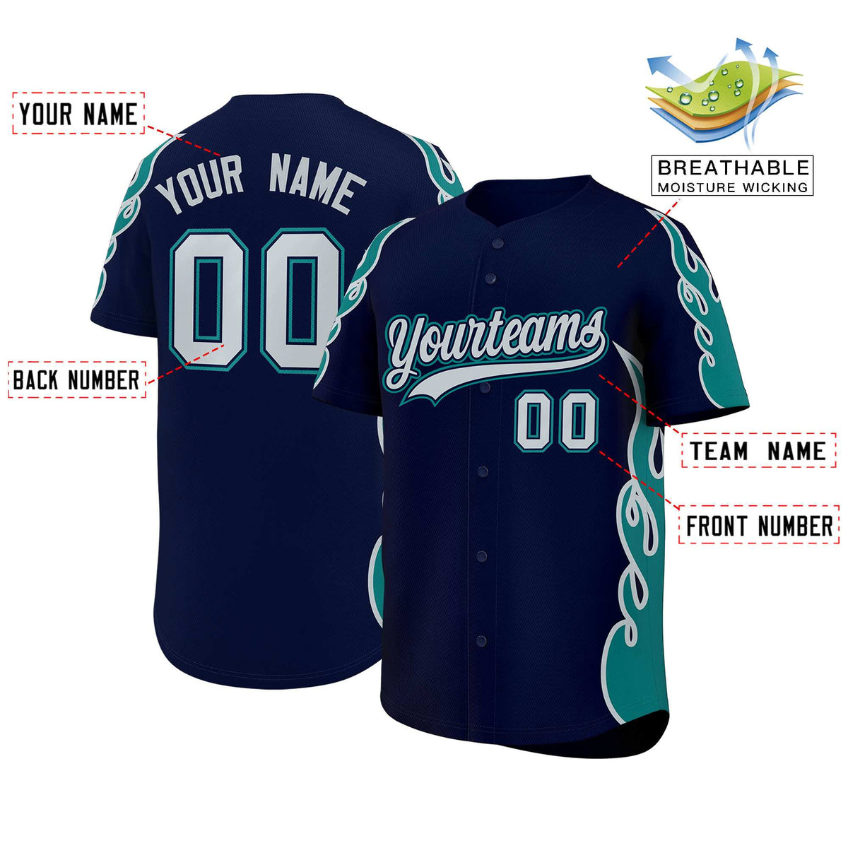 Custom Navy Teal Side Flame Outline Pattern Sports Uniform Basetball Jersey