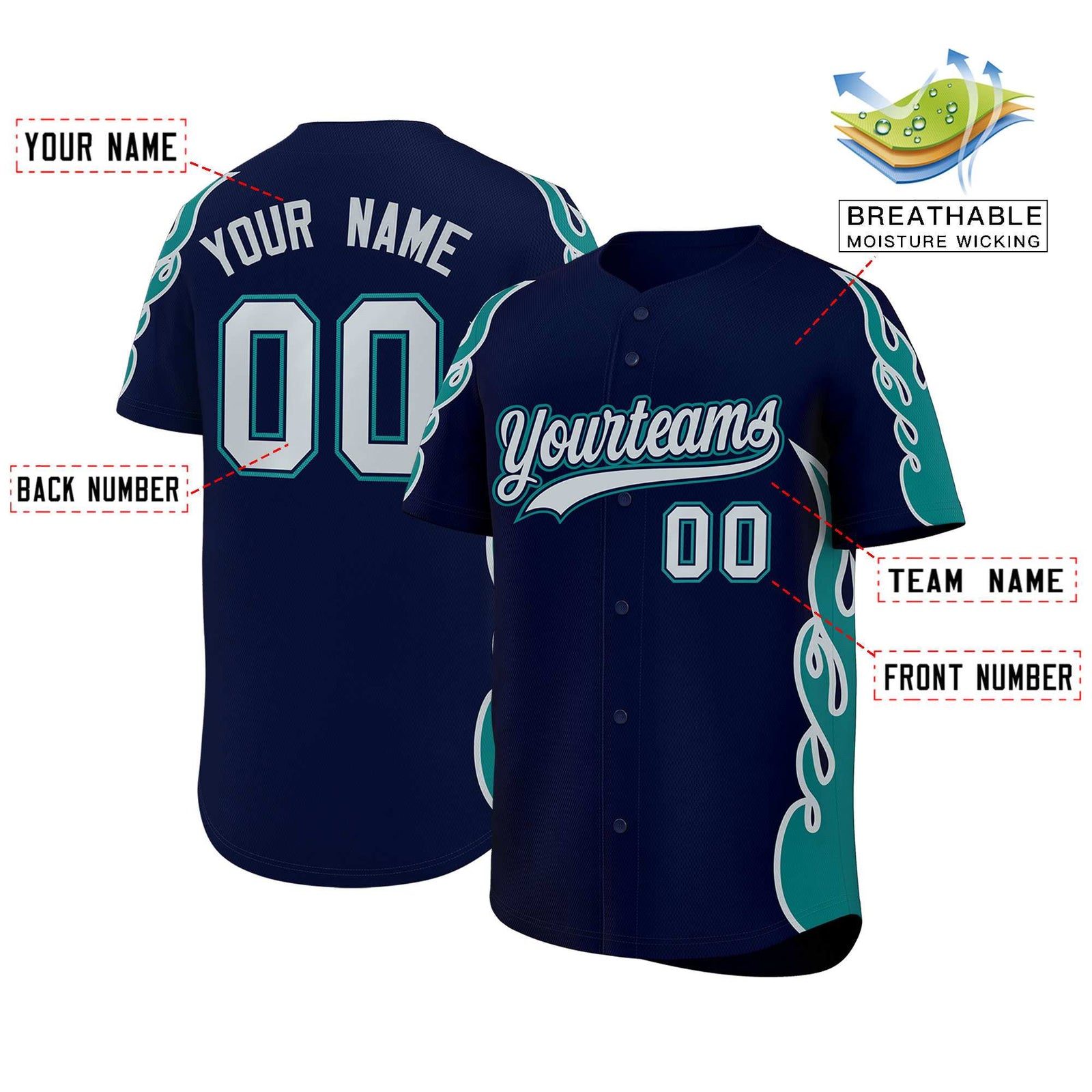 Custom Navy Teal Side Flame Outline Pattern Sports Uniform Basetball Jersey