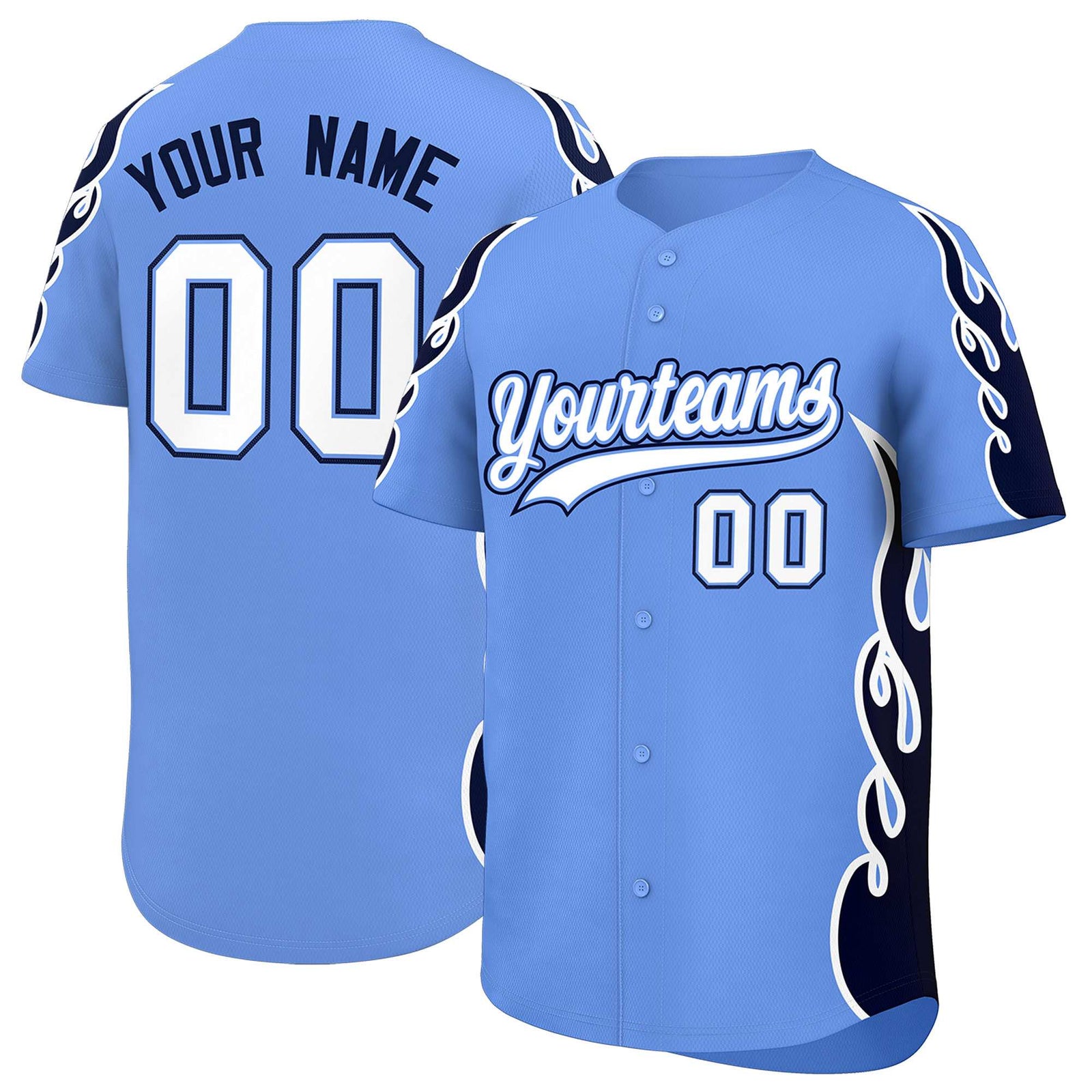 Custom Light Blue Navy Side Flame Outline Pattern Sports Uniform Basetball Jersey