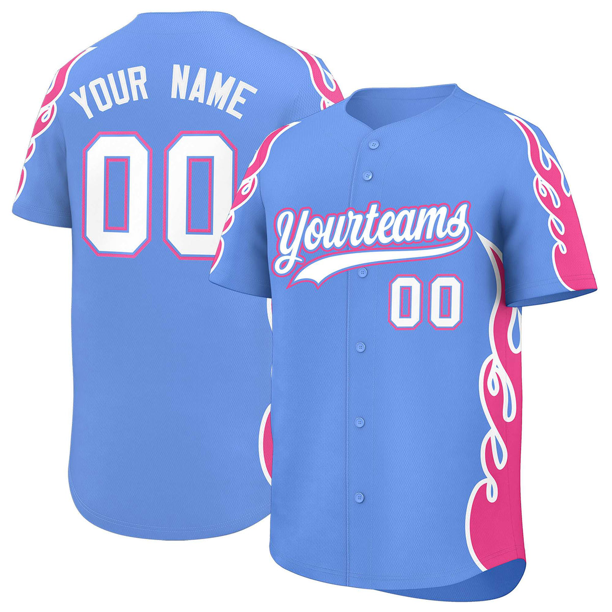 Custom Light Blue Pink Side Flame Outline Pattern Sports Uniform Basetball Jersey
