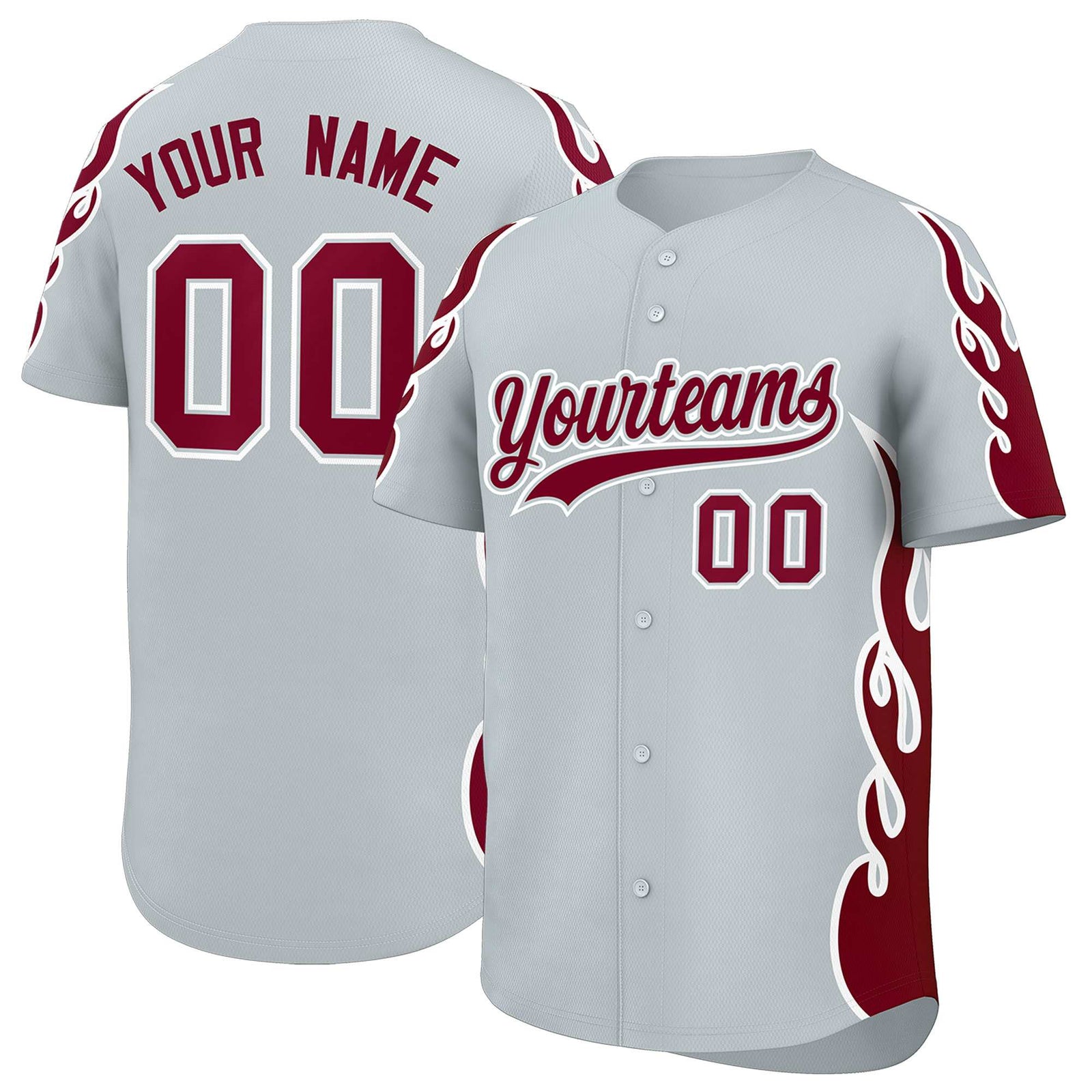 Custom Silver Crimson Side Flame Outline Pattern Sports Uniform Basetball Jersey