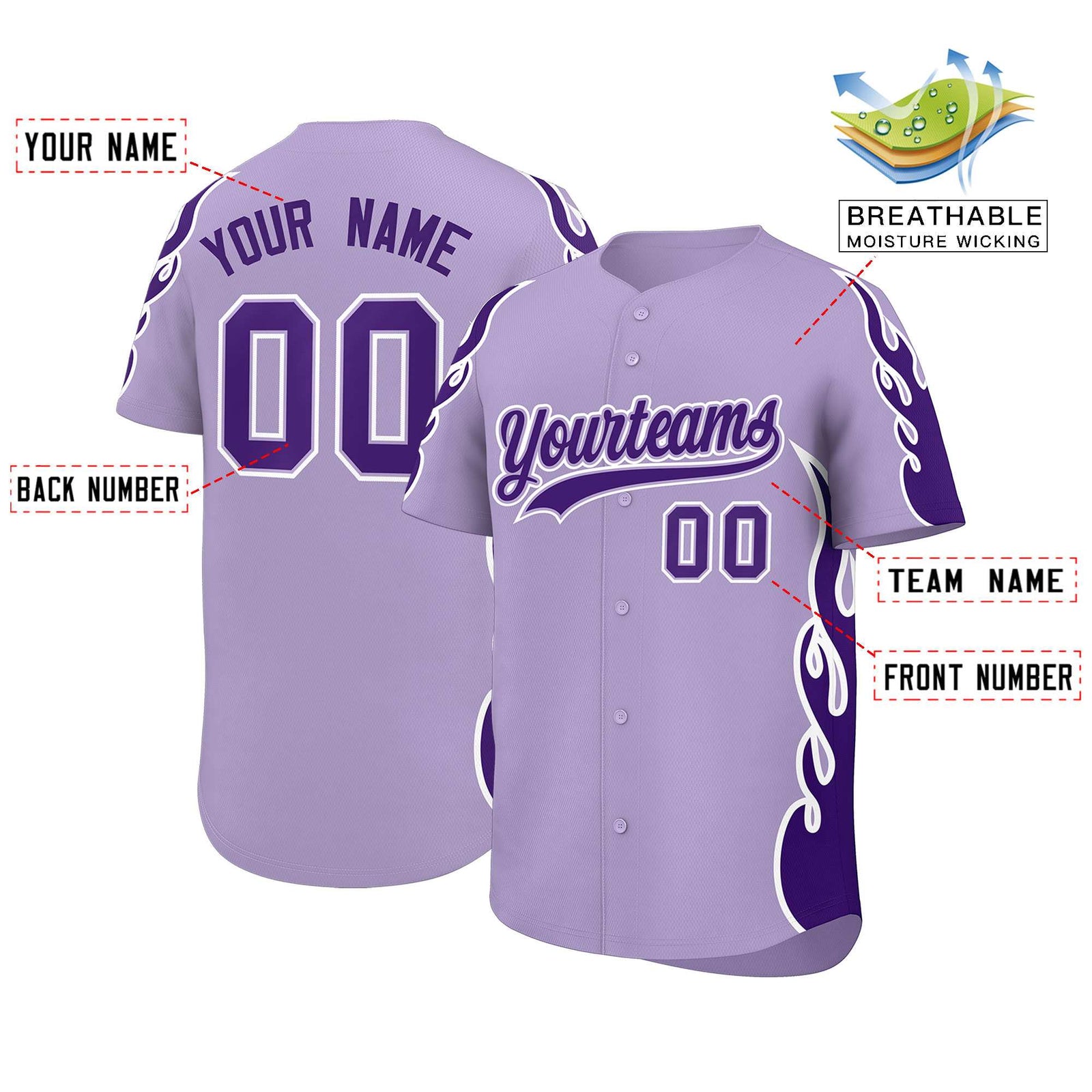 Custom Light Purple Purple Side Flame Outline Pattern Sports Uniform Basetball Jersey