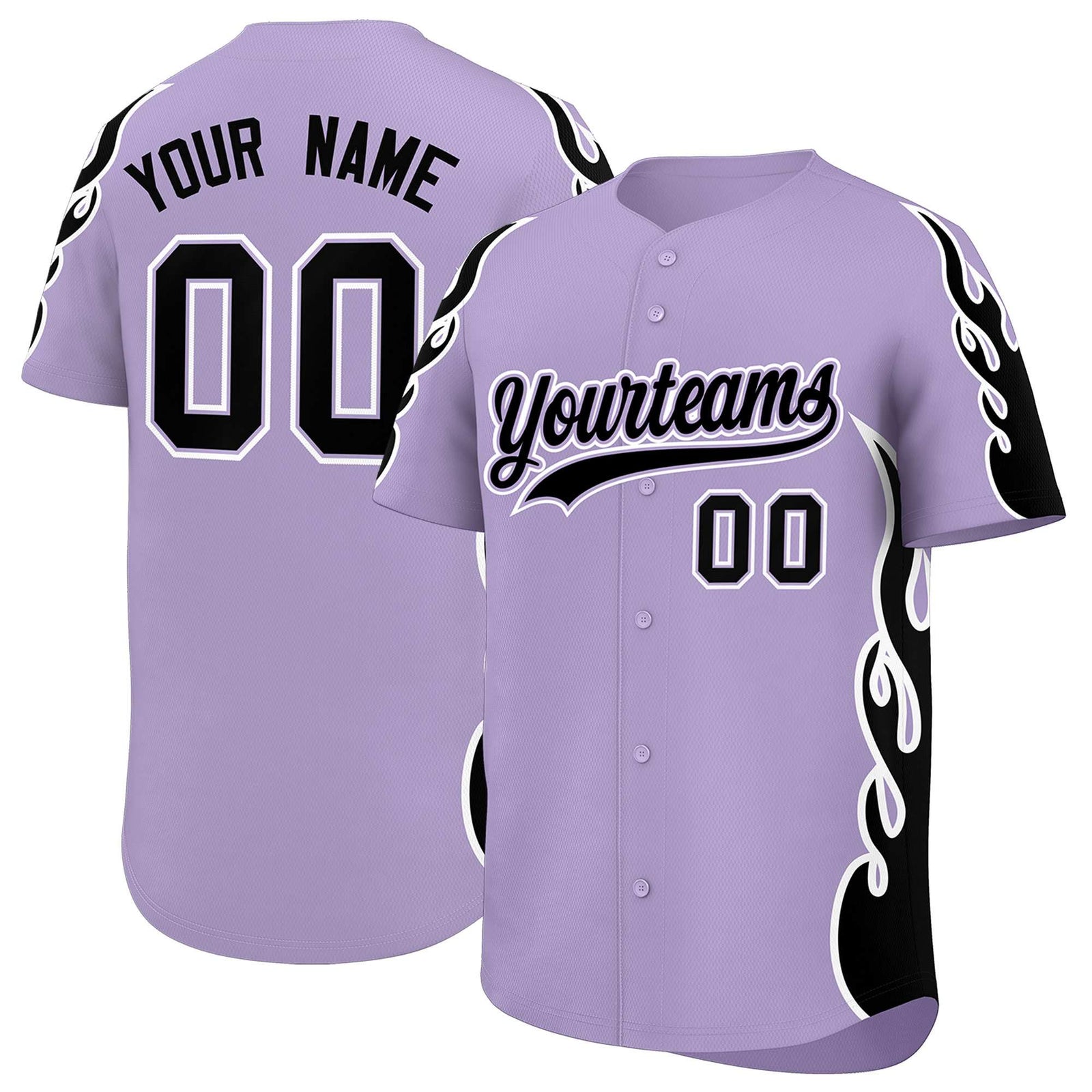 Custom Light Purple Black Side Flame Outline Pattern Sports Uniform Basetball Jersey