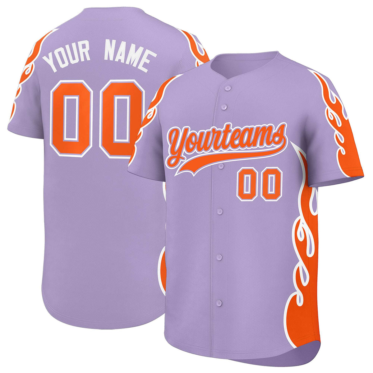 Custom Light Purple Orange Side Flame Outline Pattern Sports Uniform Basetball Jersey