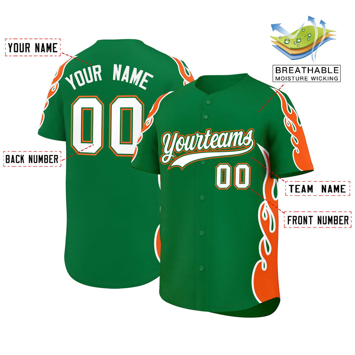 Custom Kelly Green Orange Side Flame Outline Pattern Sports Uniform Basetball Jersey
