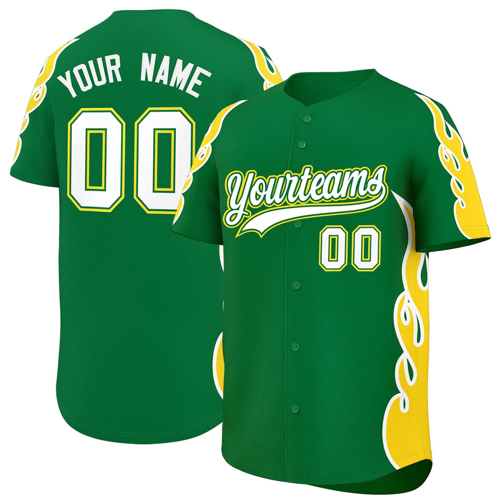 Custom Kelly Green Gold Side Flame Outline Pattern Sports Uniform Basetball Jersey