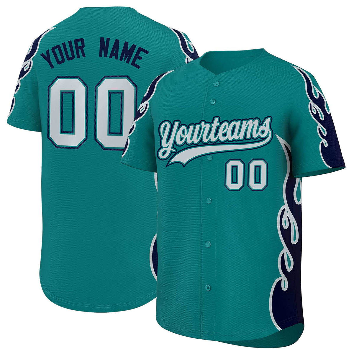 Custom Teal Navy Side Flame Outline Pattern Sports Uniform Basetball Jersey