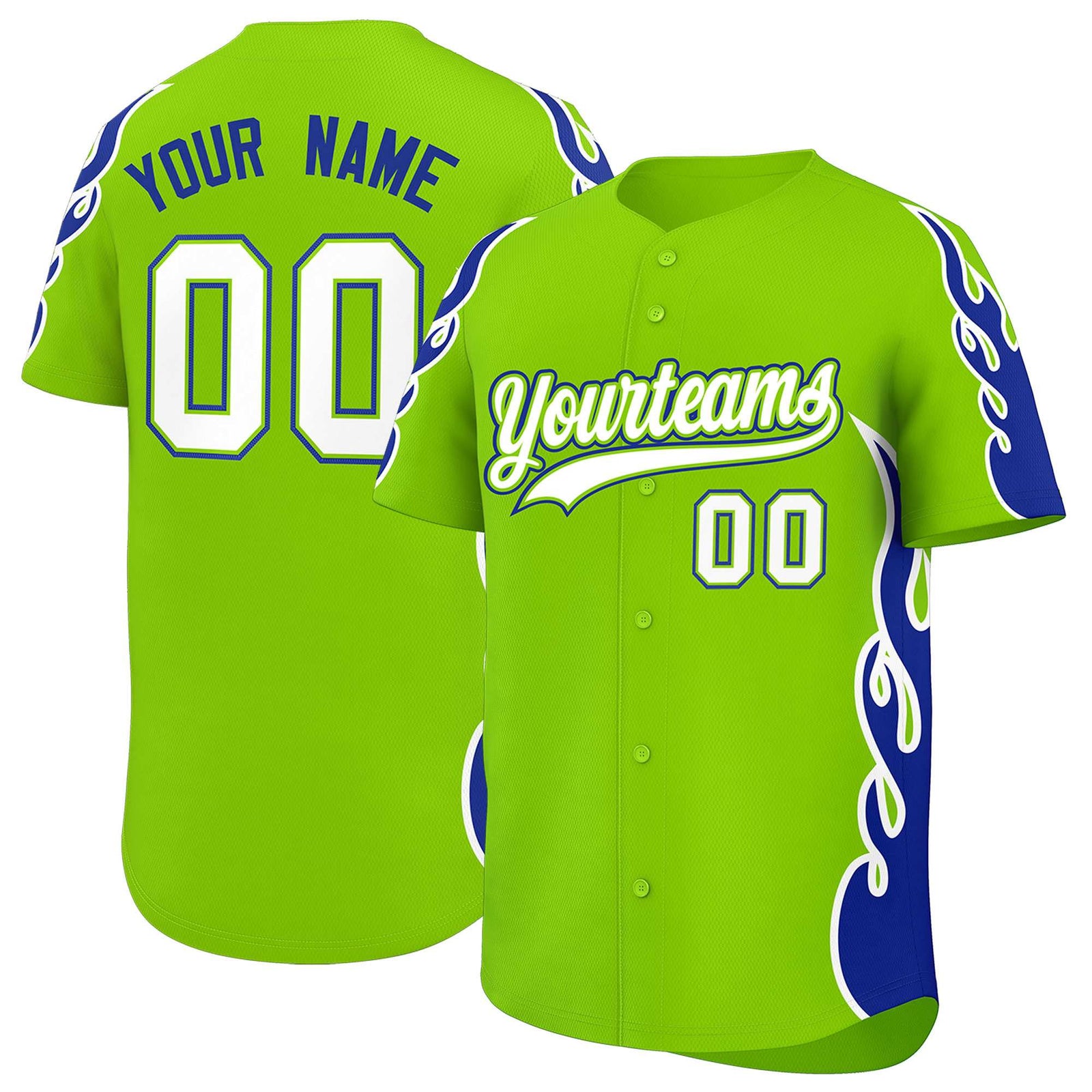 Custom Neon Green Royal Side Flame Outline Pattern Sports Uniform Basetball Jersey