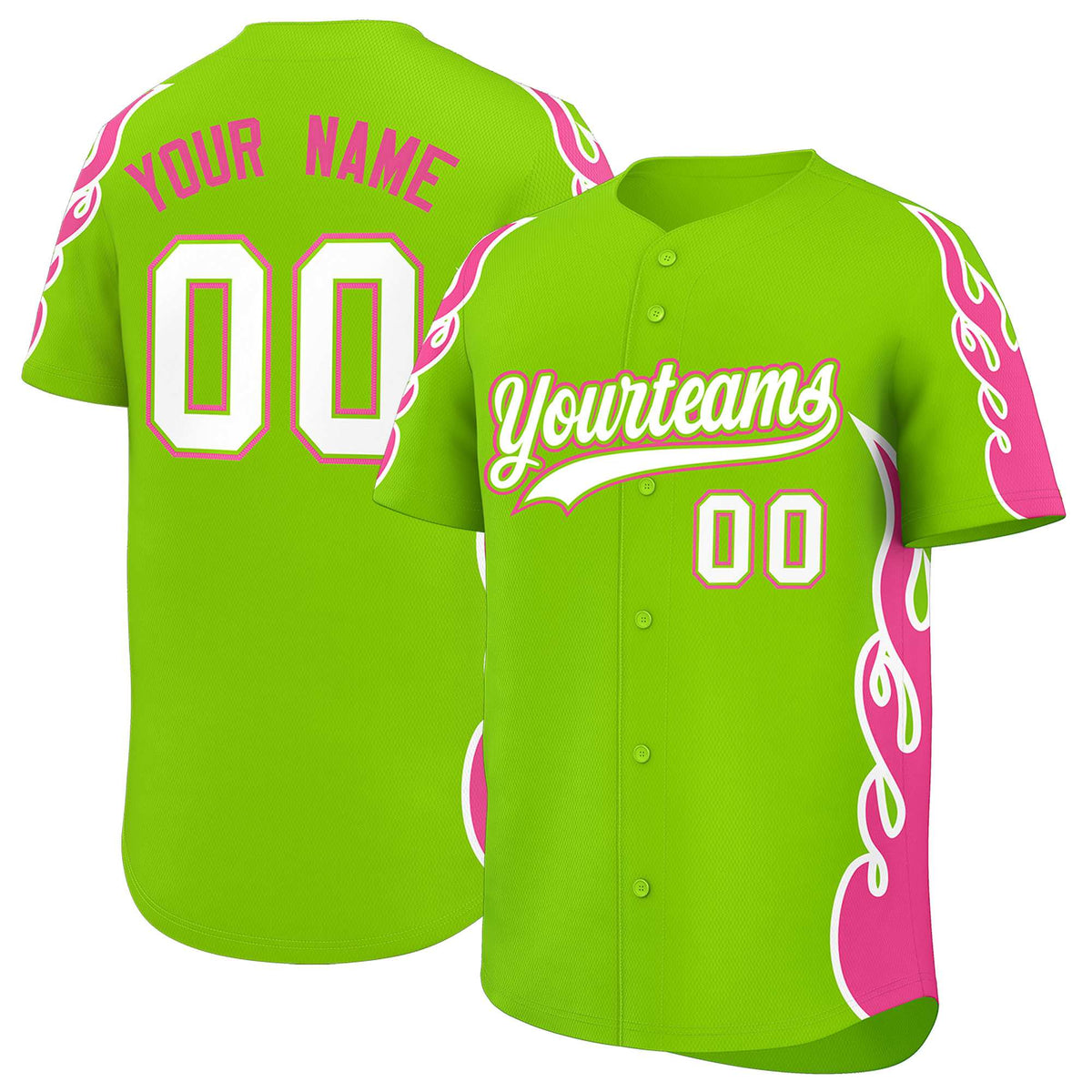 Custom Neon Green Pink Side Flame Outline Pattern Sports Uniform Basetball Jersey
