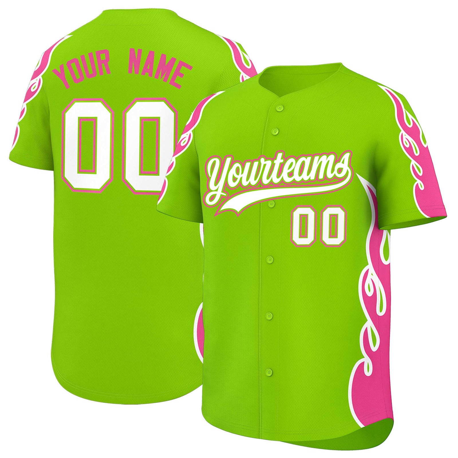 Custom Neon Green Pink Side Flame Outline Pattern Sports Uniform Basetball Jersey