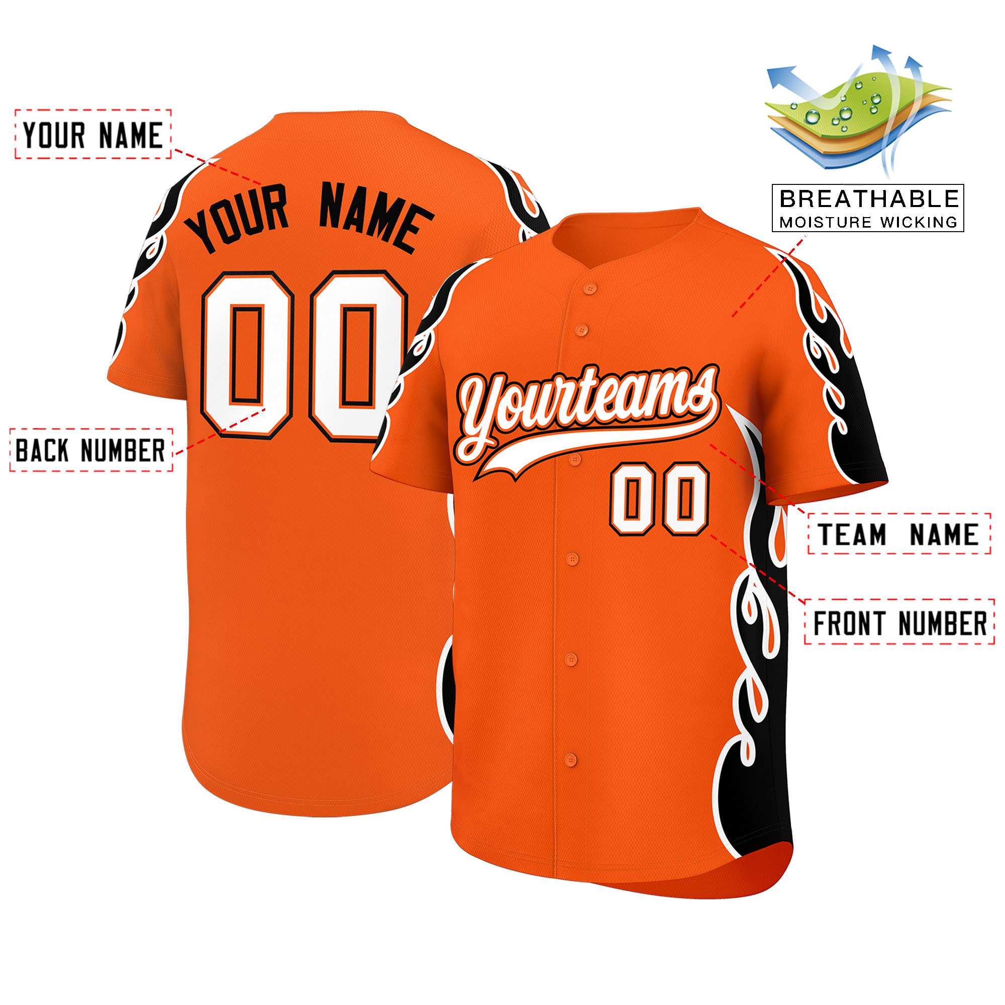 Custom Orange Black Side Flame Outline Pattern Sports Uniform Basetball Jersey
