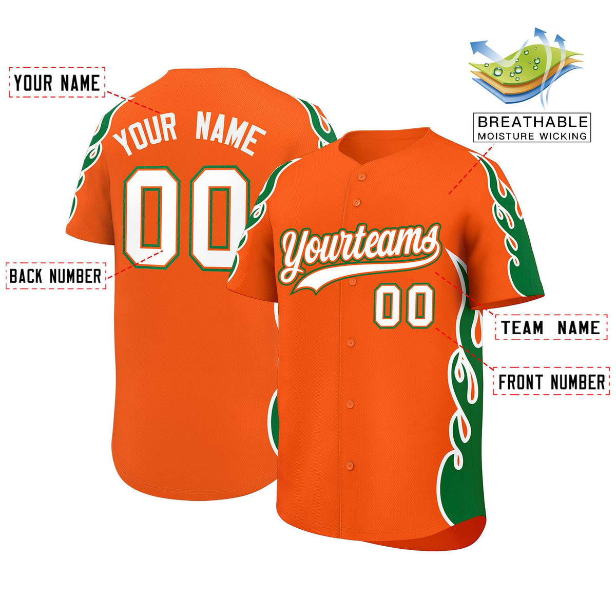 Custom Orange Kelly Green Side Flame Outline Pattern Sports Uniform Basetball Jersey