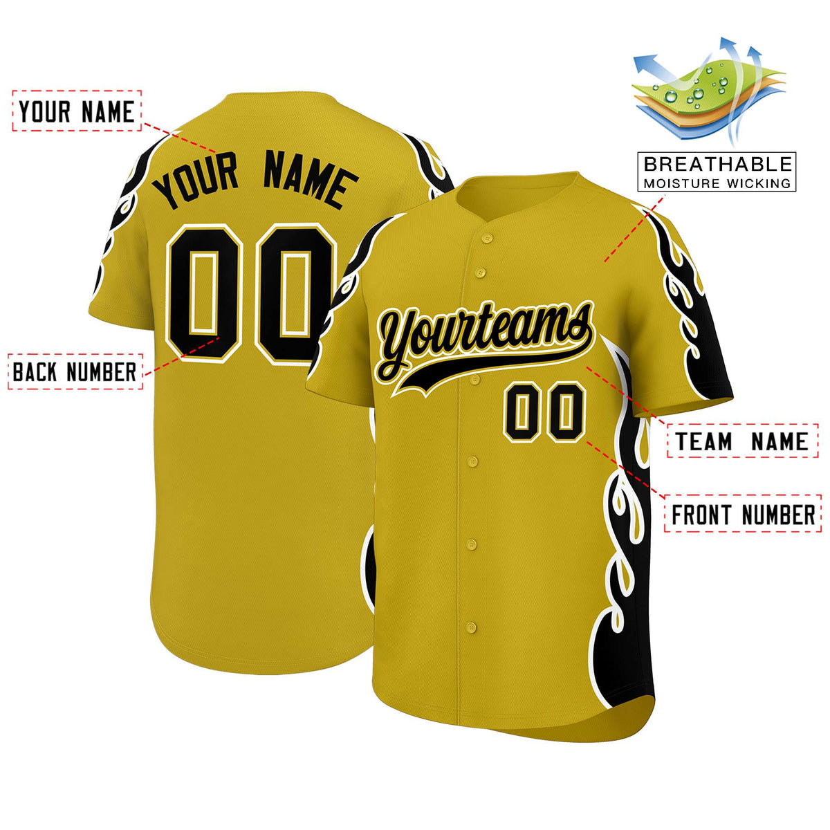 Custom Old Gold Black Side Flame Outline Pattern Sports Uniform Basetball Jersey
