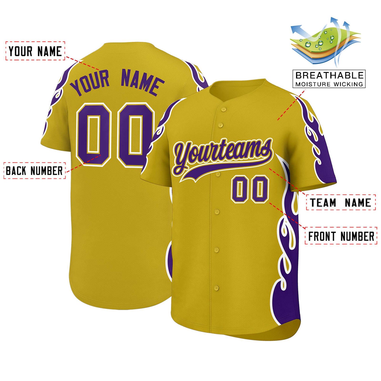 Custom Old Gold Purple Side Flame Outline Pattern Sports Uniform Basetball Jersey