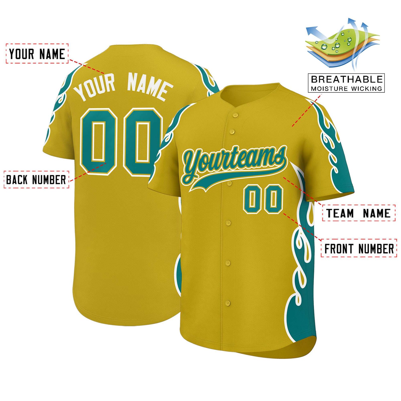 Custom Old Gold Teal Side Flame Outline Pattern Sports Uniform Basetball Jersey