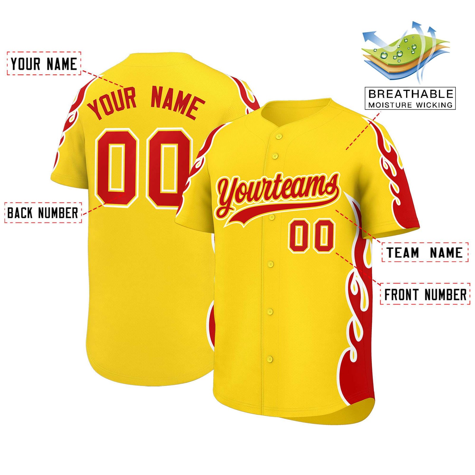 Custom Gold Red Side Flame Outline Pattern Sports Uniform Basetball Jersey
