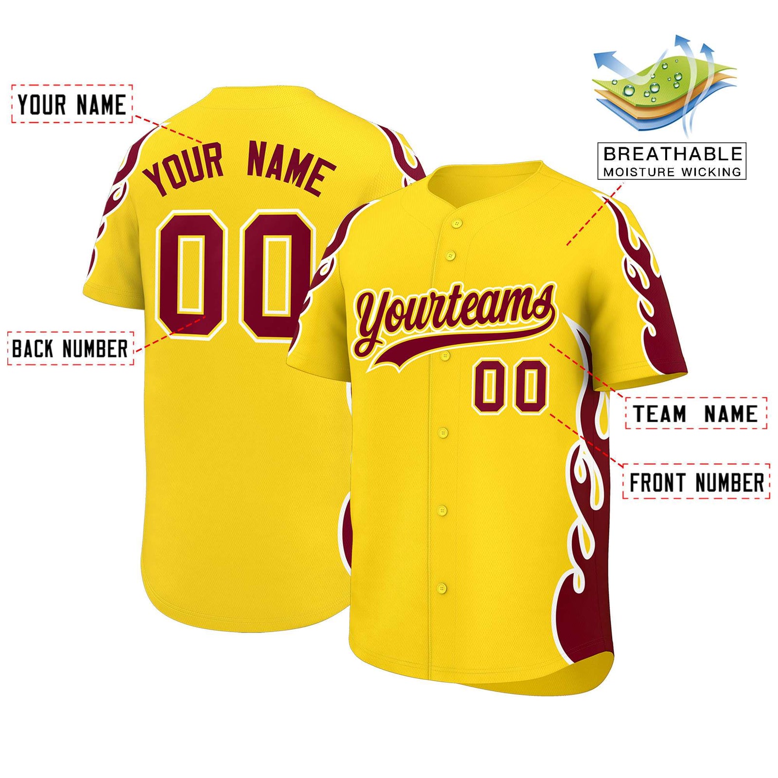 Custom Gold Crimson Side Flame Outline Pattern Sports Uniform Basetball Jersey