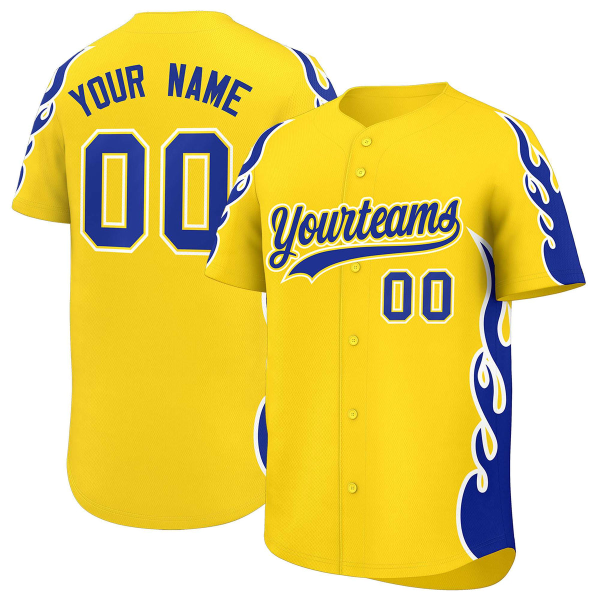 Custom Gold Royal Side Flame Outline Pattern Sports Uniform Basetball Jersey