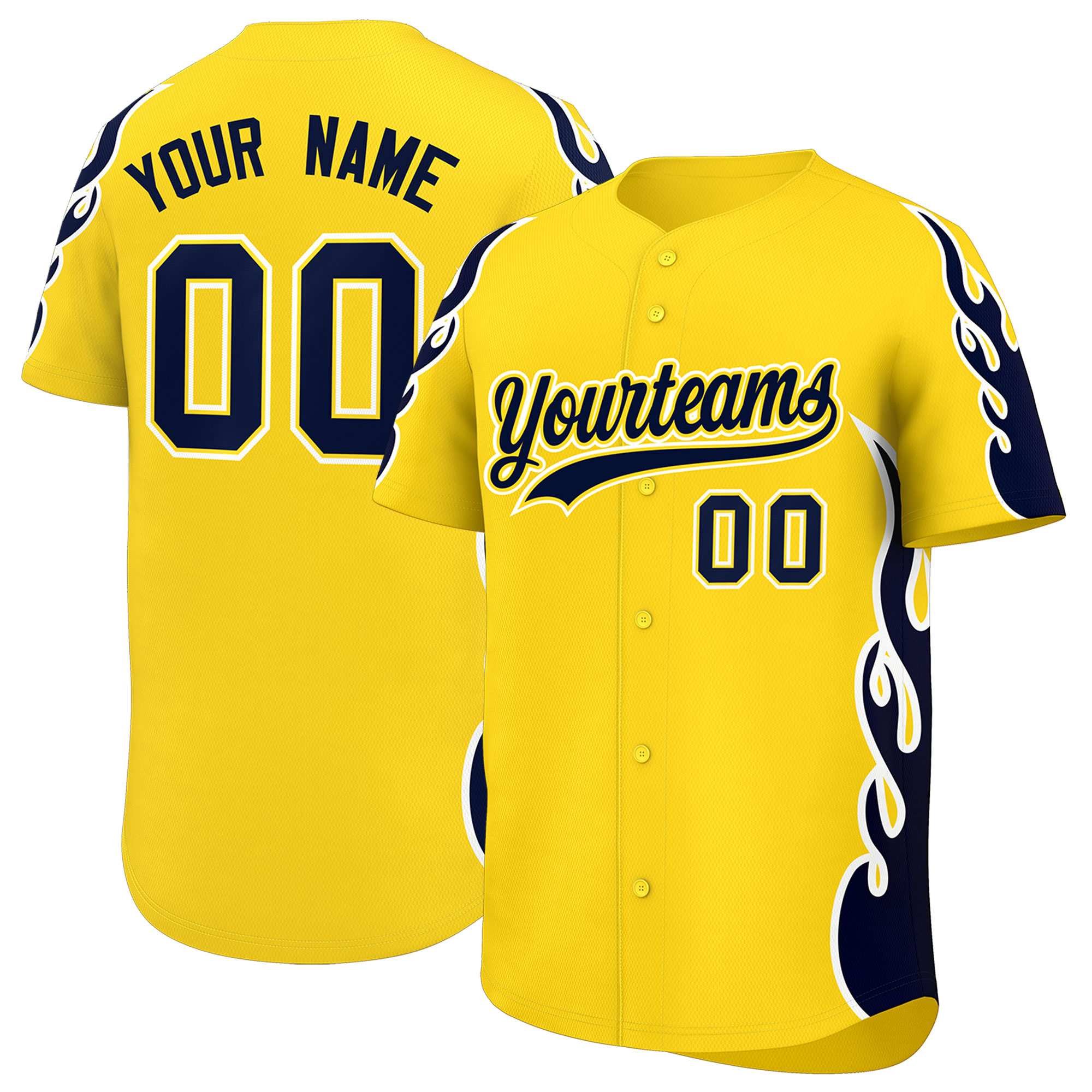 Custom Gold Navy Side Flame Outline Pattern Sports Uniform Basetball Jersey