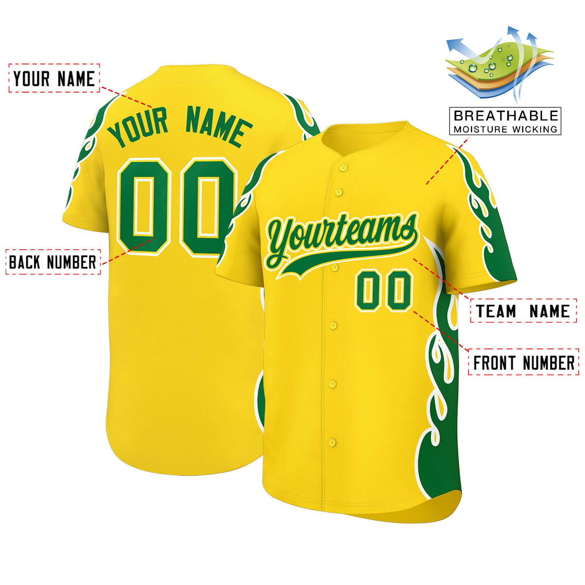 Custom Gold Kelly Green Side Flame Outline Pattern Sports Uniform Basetball Jersey