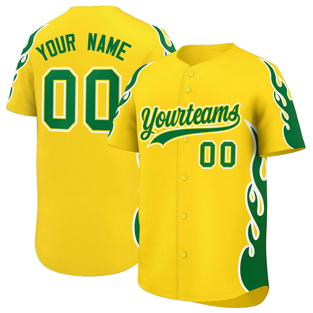 Custom Gold Kelly Green Side Flame Outline Pattern Sports Uniform Basetball Jersey