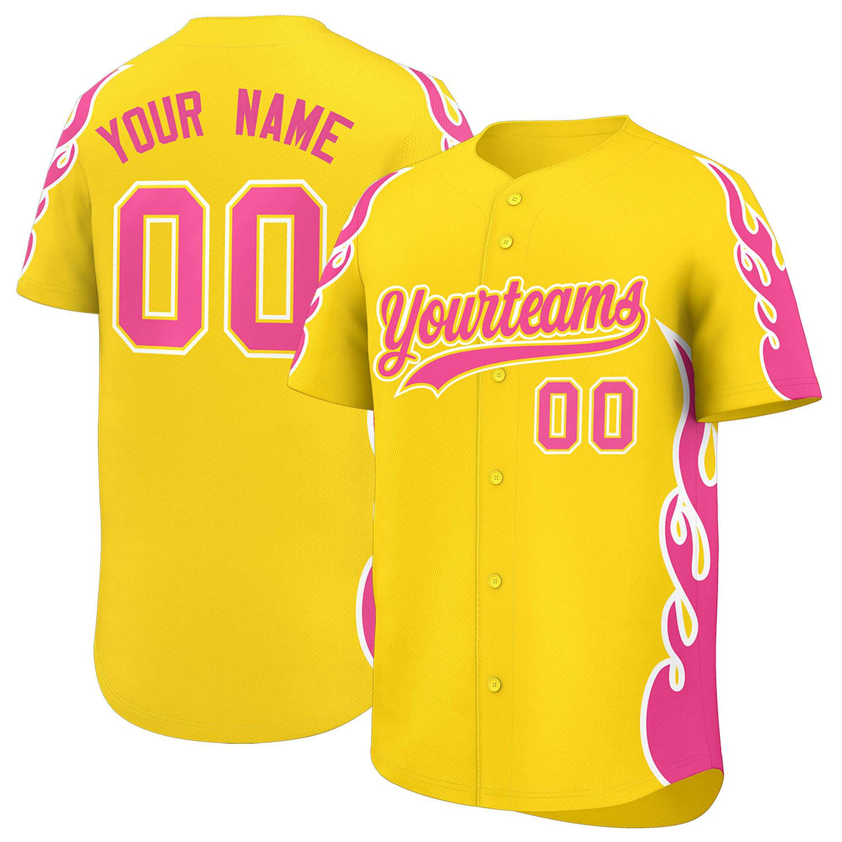 Custom Gold Pink Side Flame Outline Pattern Sports Uniform Basetball Jersey