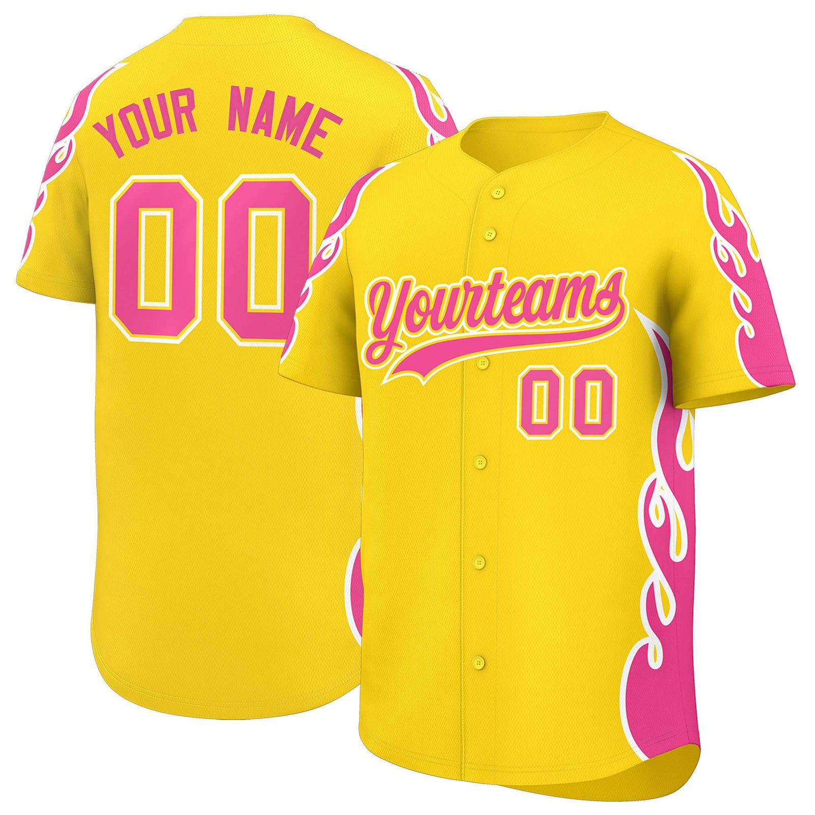 Custom Gold Pink Side Flame Outline Pattern Sports Uniform Basetball Jersey
