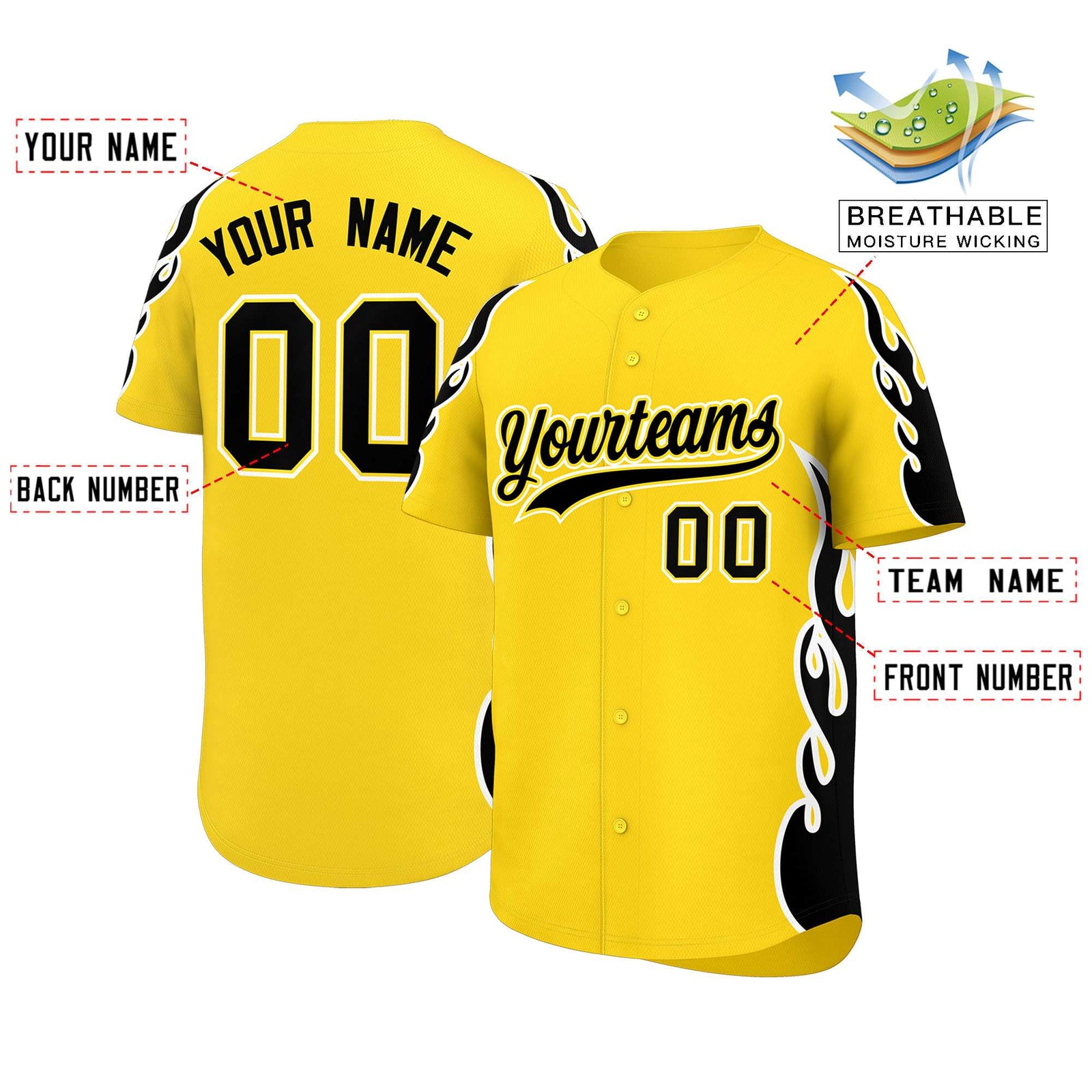 Custom Gold Black Side Flame Outline Pattern Sports Uniform Basetball Jersey