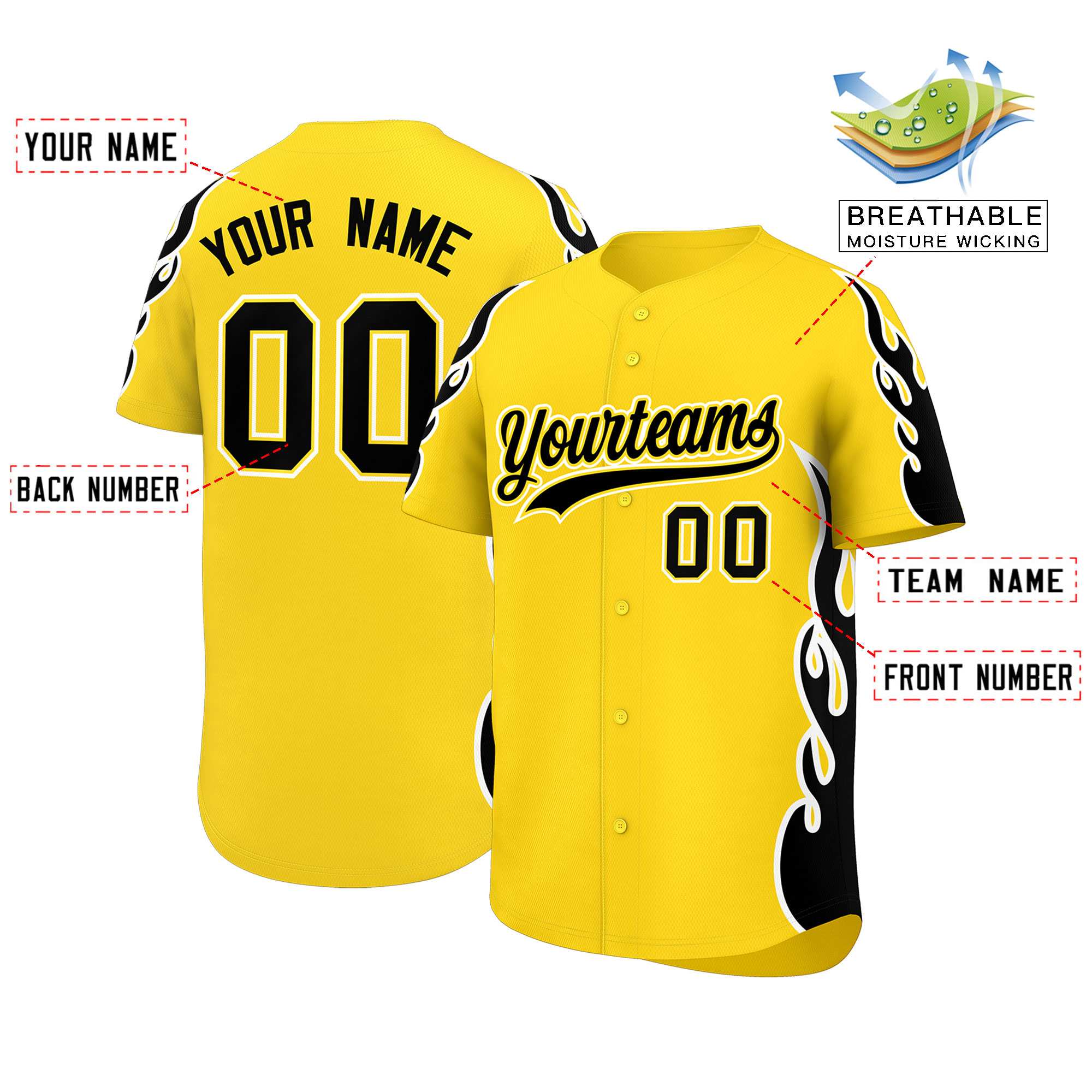 Custom Gold Black Side Flame Outline Pattern Sports Uniform Basetball Jersey