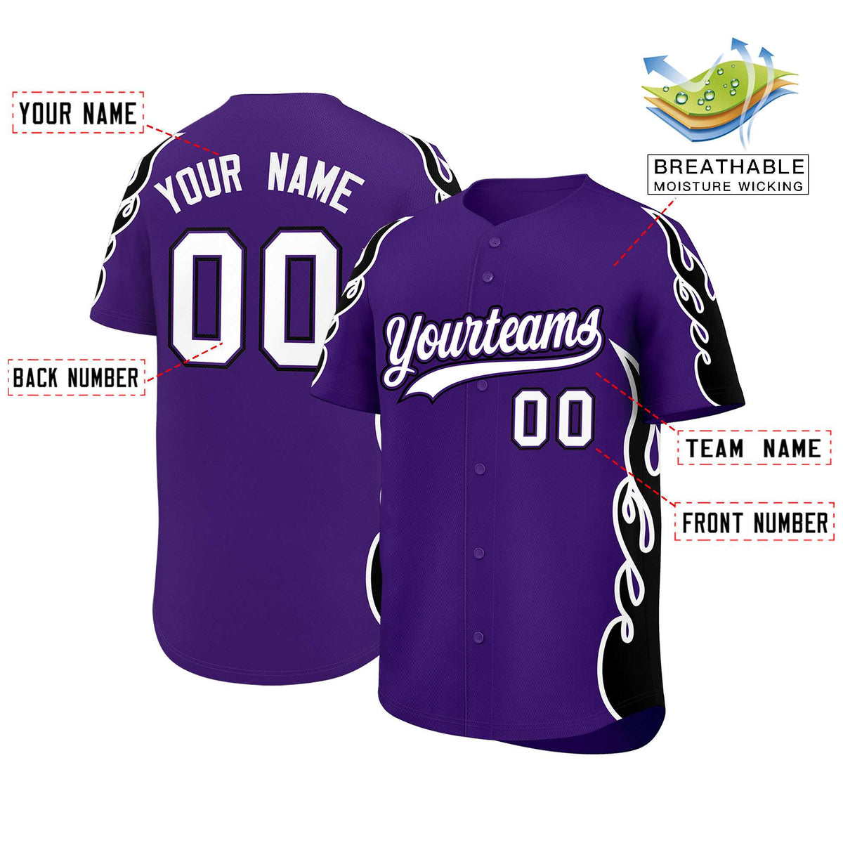 Custom Purple Black Side Flame Outline Pattern Sports Uniform Basetball Jersey