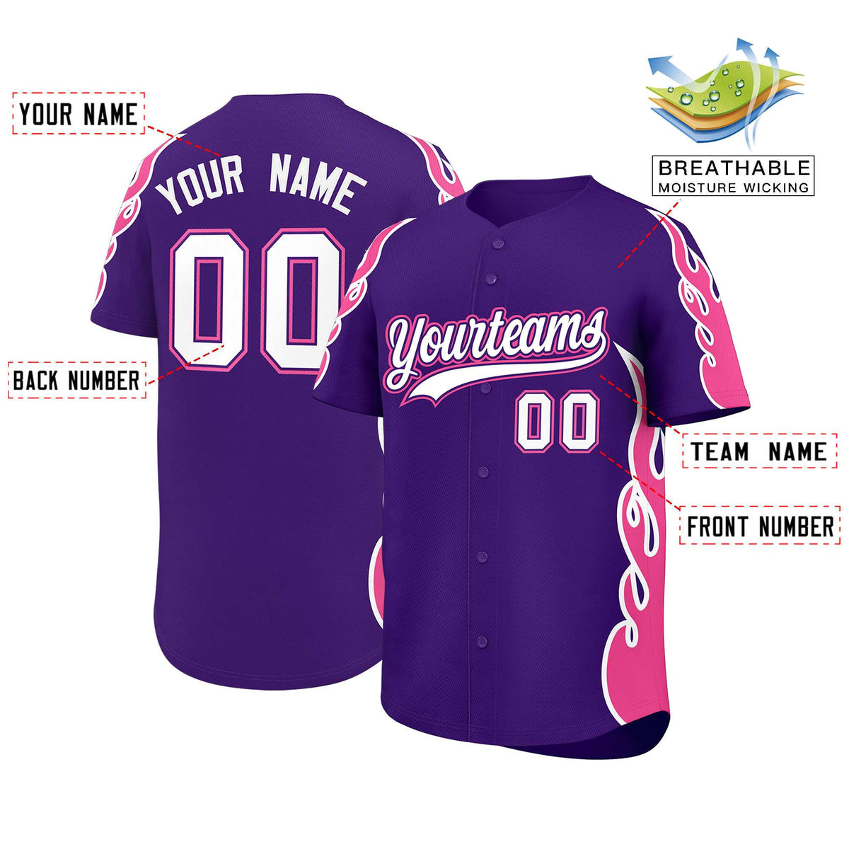Custom Purple Pink Side Flame Outline Pattern Sports Uniform Basetball Jersey