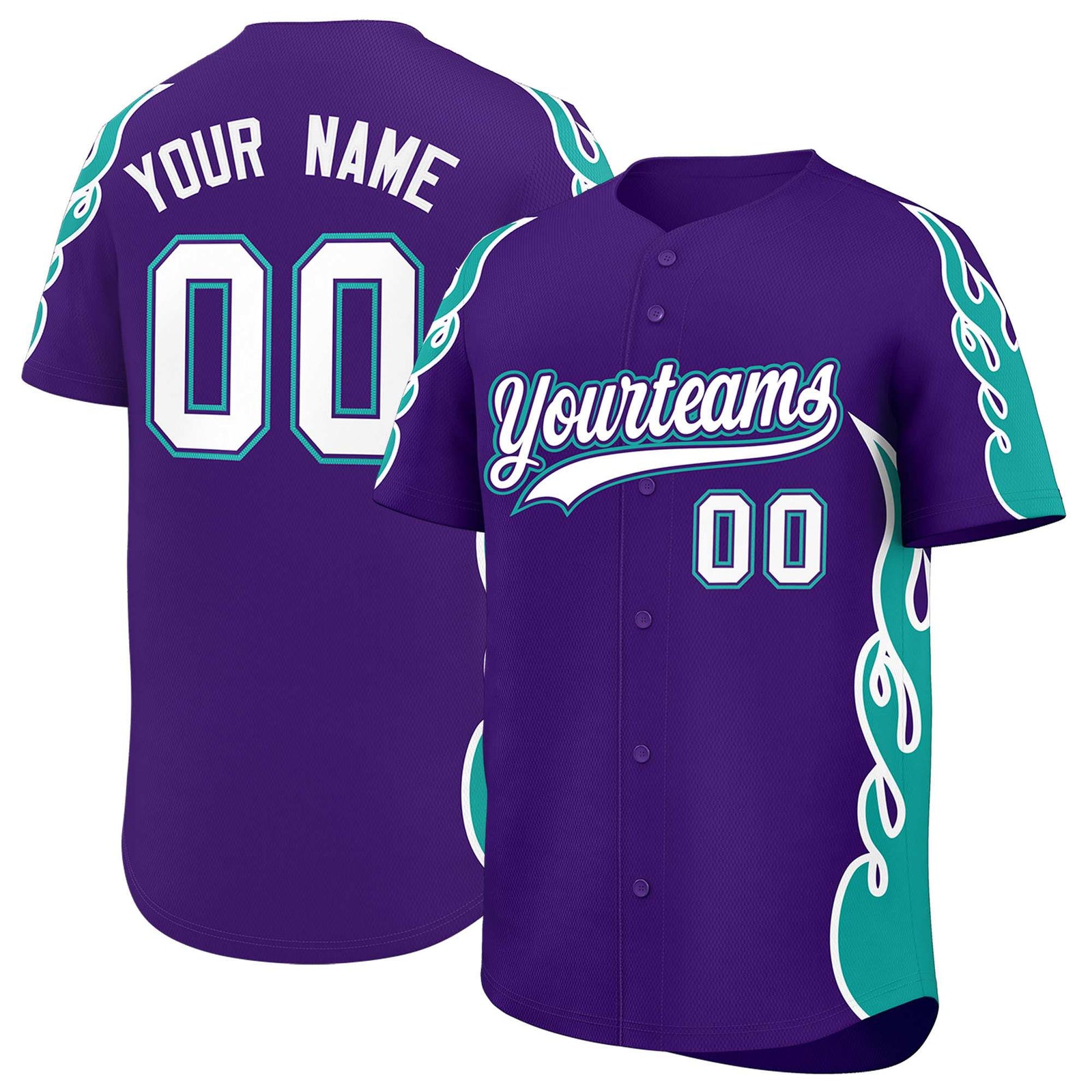 Custom Purple Aqua Side Flame Outline Pattern Sports Uniform Basetball Jersey