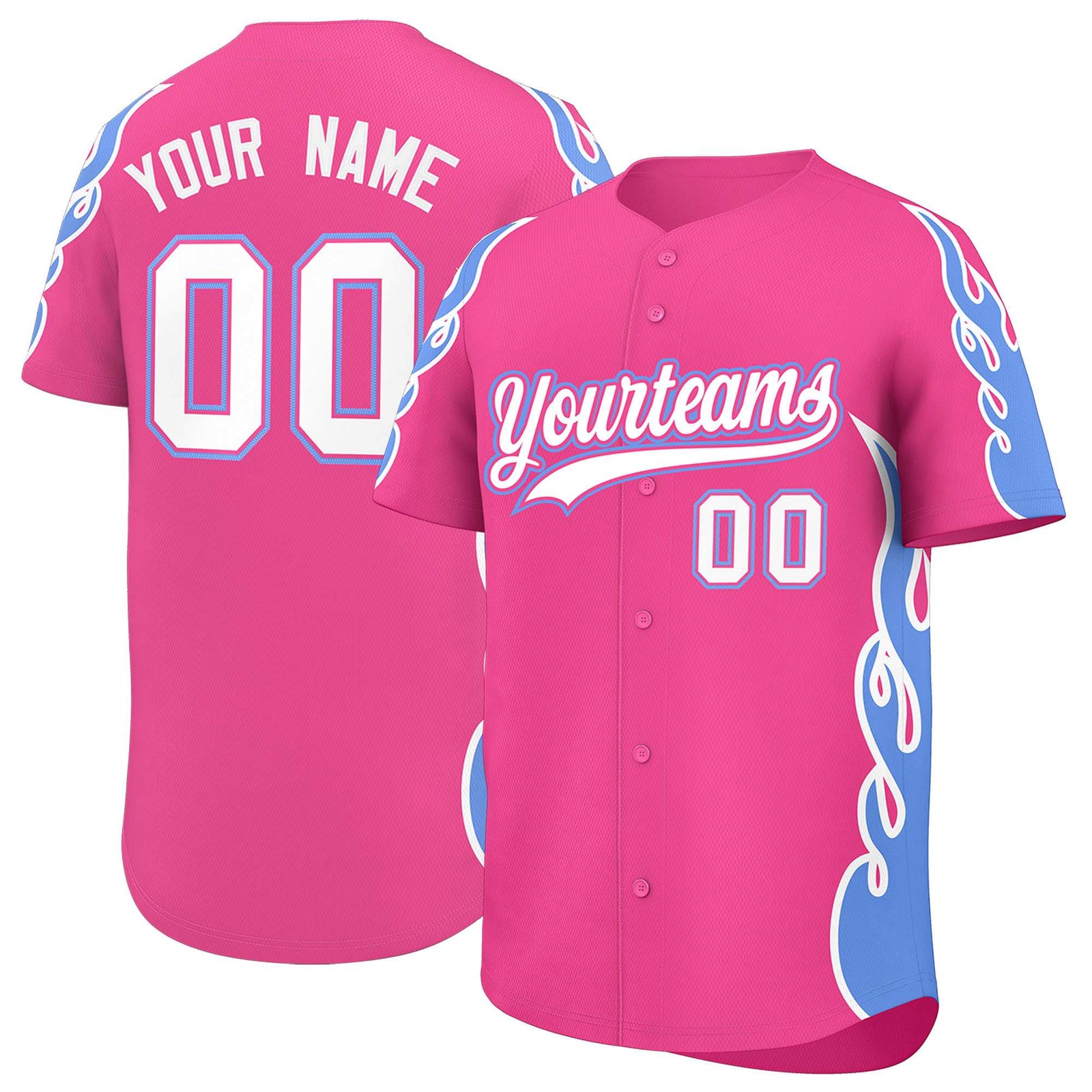 Custom Pink Light Blue Side Flame Outline Pattern Sports Uniform Basetball Jersey