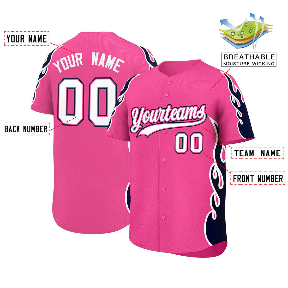 Custom Pink Navy Side Flame Outline Pattern Sports Uniform Basetball Jersey