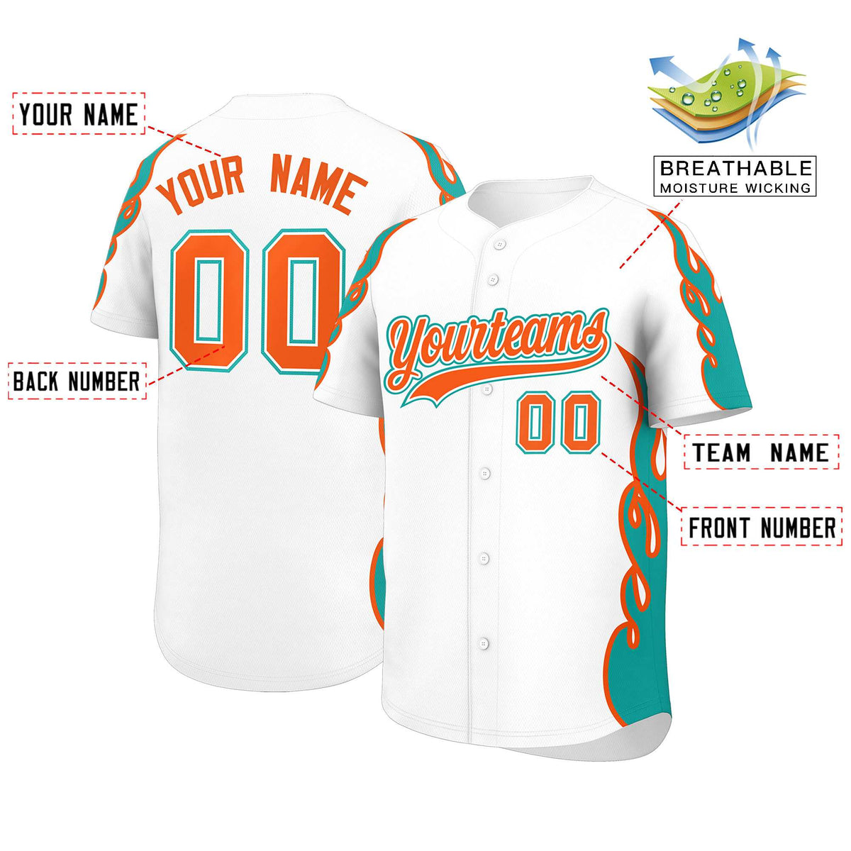 Custom White Aqua Side Flame Outline Pattern Sports Uniform Basetball Jersey