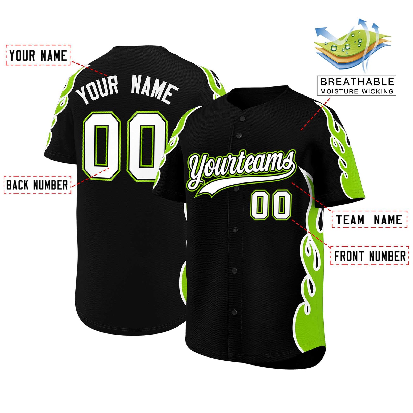 Custom Black Neon Green Side Flame Outline Pattern Sports Uniform Basetball Jersey