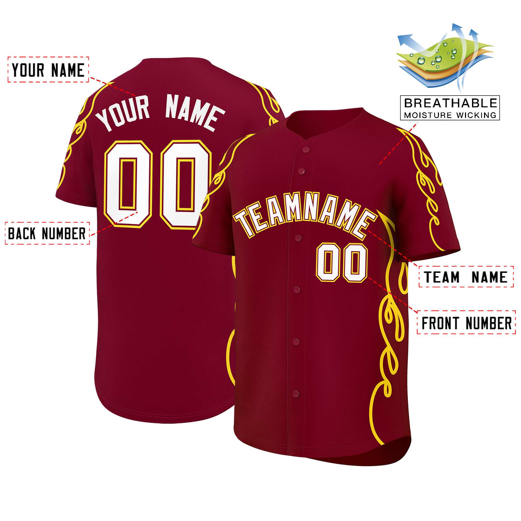 Custom Crimson Gold Side Flame Outline Pattern Sports Uniform Basetball Jersey