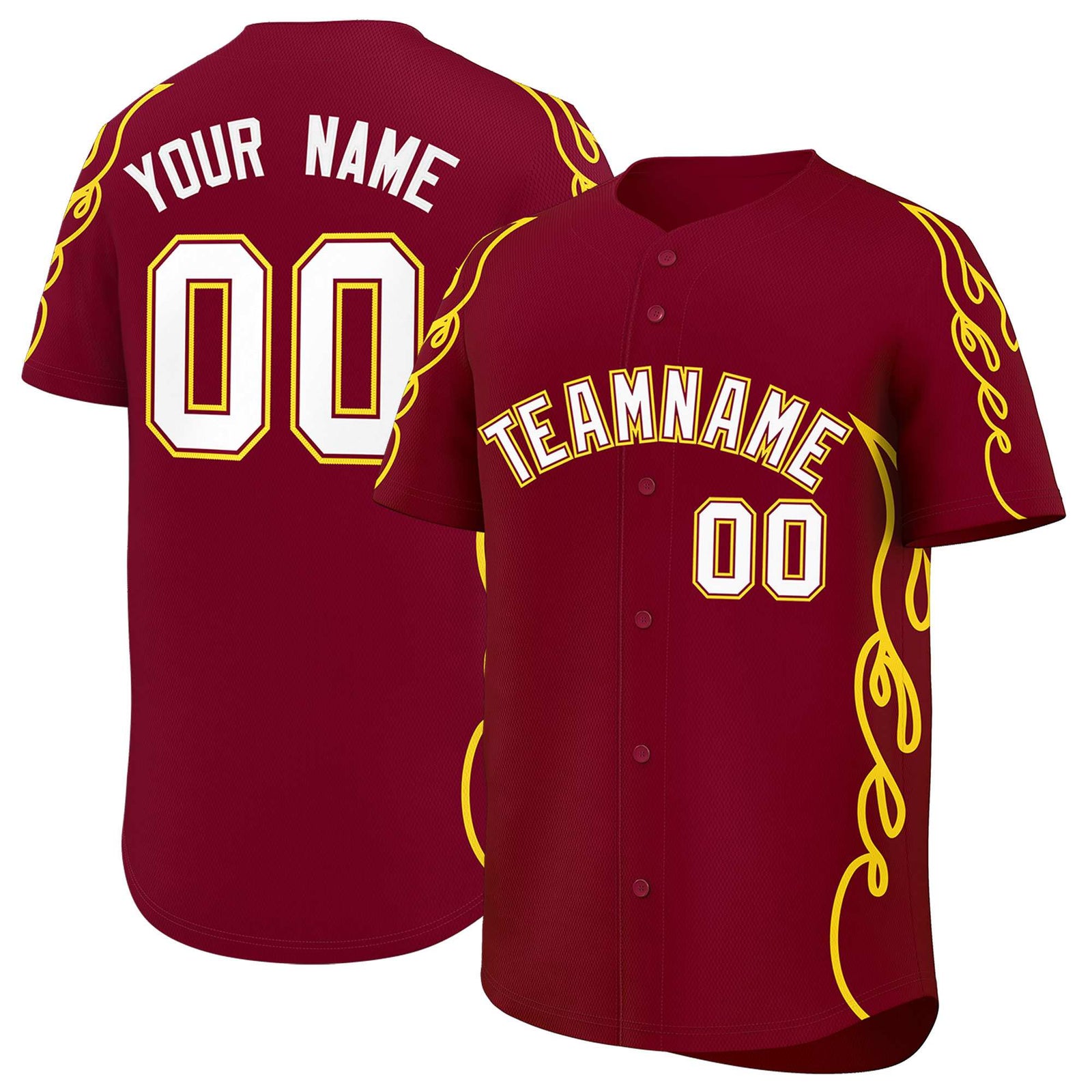 Custom Crimson Gold Side Flame Outline Pattern Sports Uniform Basetball Jersey
