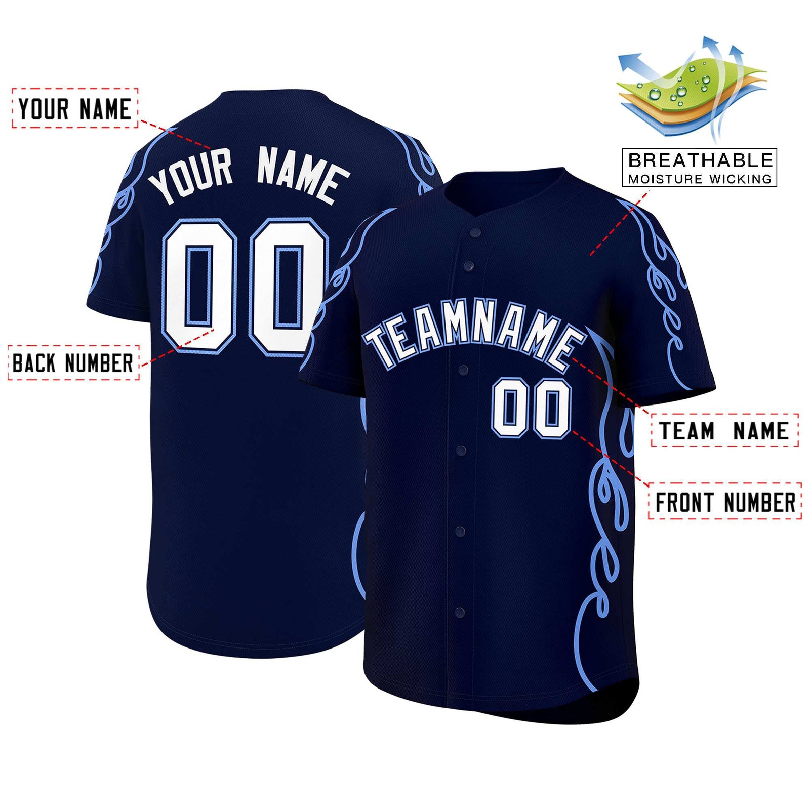 Custom Navy Light Blue Side Flame Outline Pattern Sports Uniform Basetball Jersey